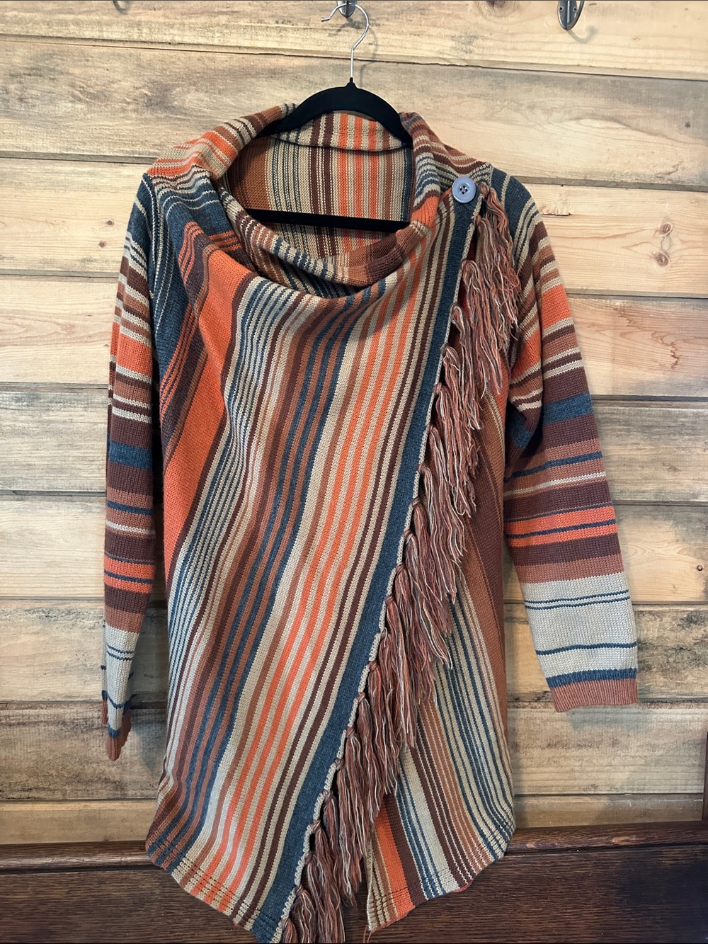 Striped Fringe Wrap Sweater - Orange Multi